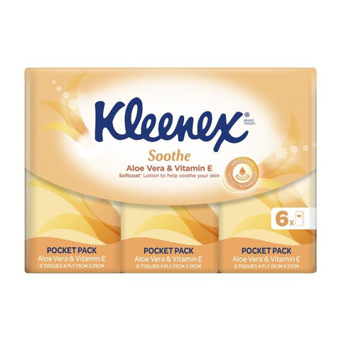 Kleenex Aloe Vera & Vitamin E Pocket Pack Facial Tissues, 6 Pack x 9 Sheets