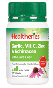 Healtheries Garlic, Vit C, Zinc & Echinacea with Olive Leaf 60 Tablets