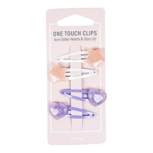 Mae One Touch Clips 4cm Glitter Hearts & Stars 4 Pack